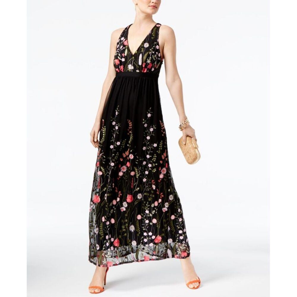INC International Concepts Maxi M Black Floral Embroidered Summer Fairycore